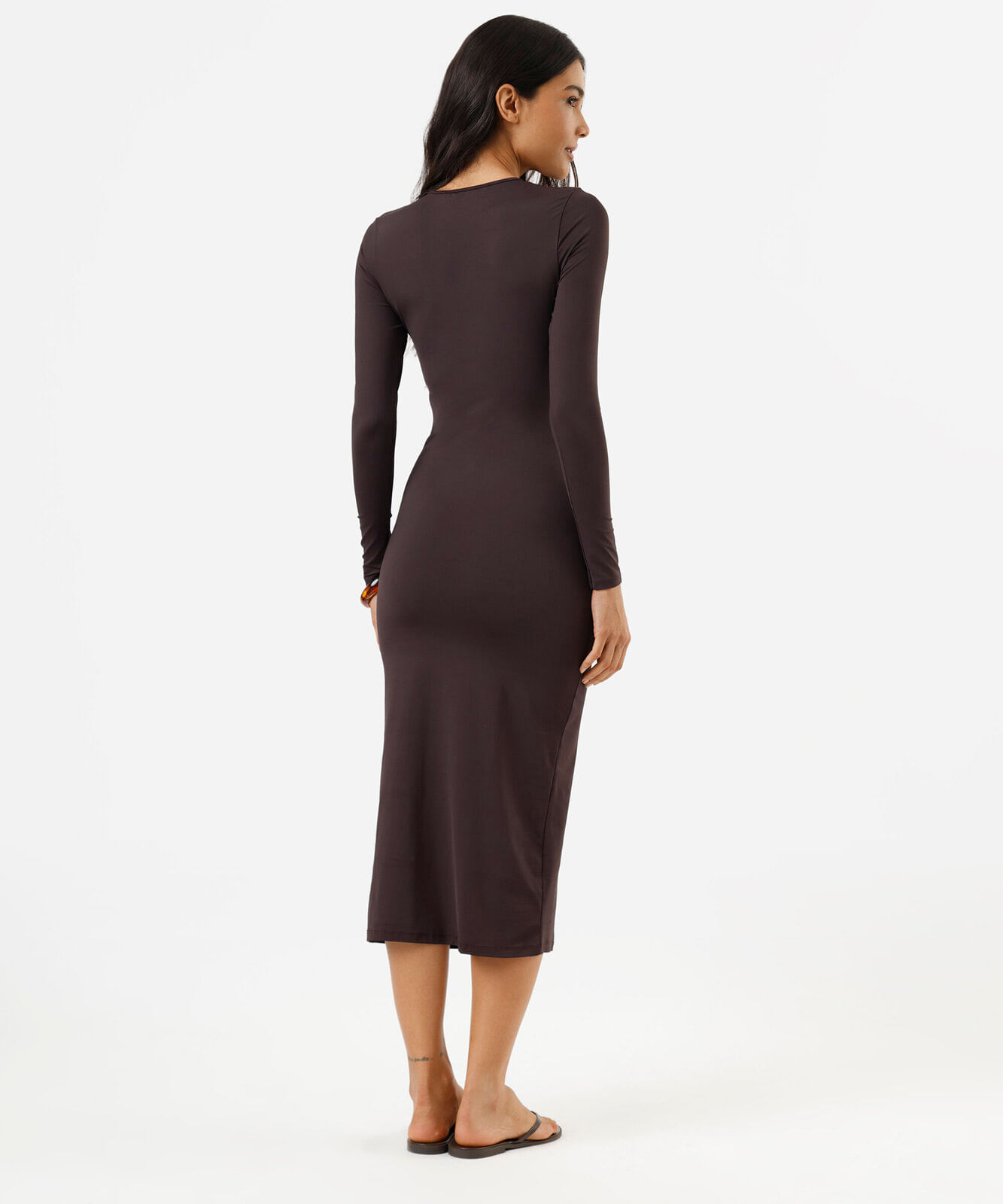 vestido midi feminino de poliamida manga longa marrom