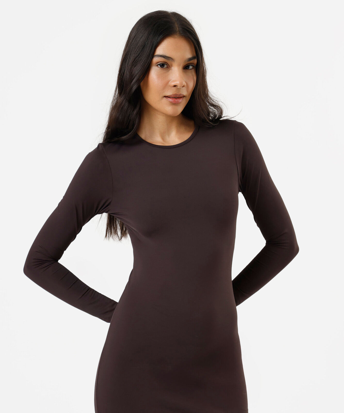 vestido midi feminino de poliamida manga longa marrom