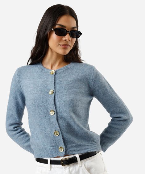 cardigan feminino de tricot decote redondo texturizado azul