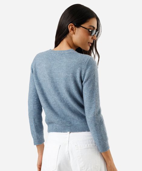 cardigan feminino de tricot decote redondo texturizado azul