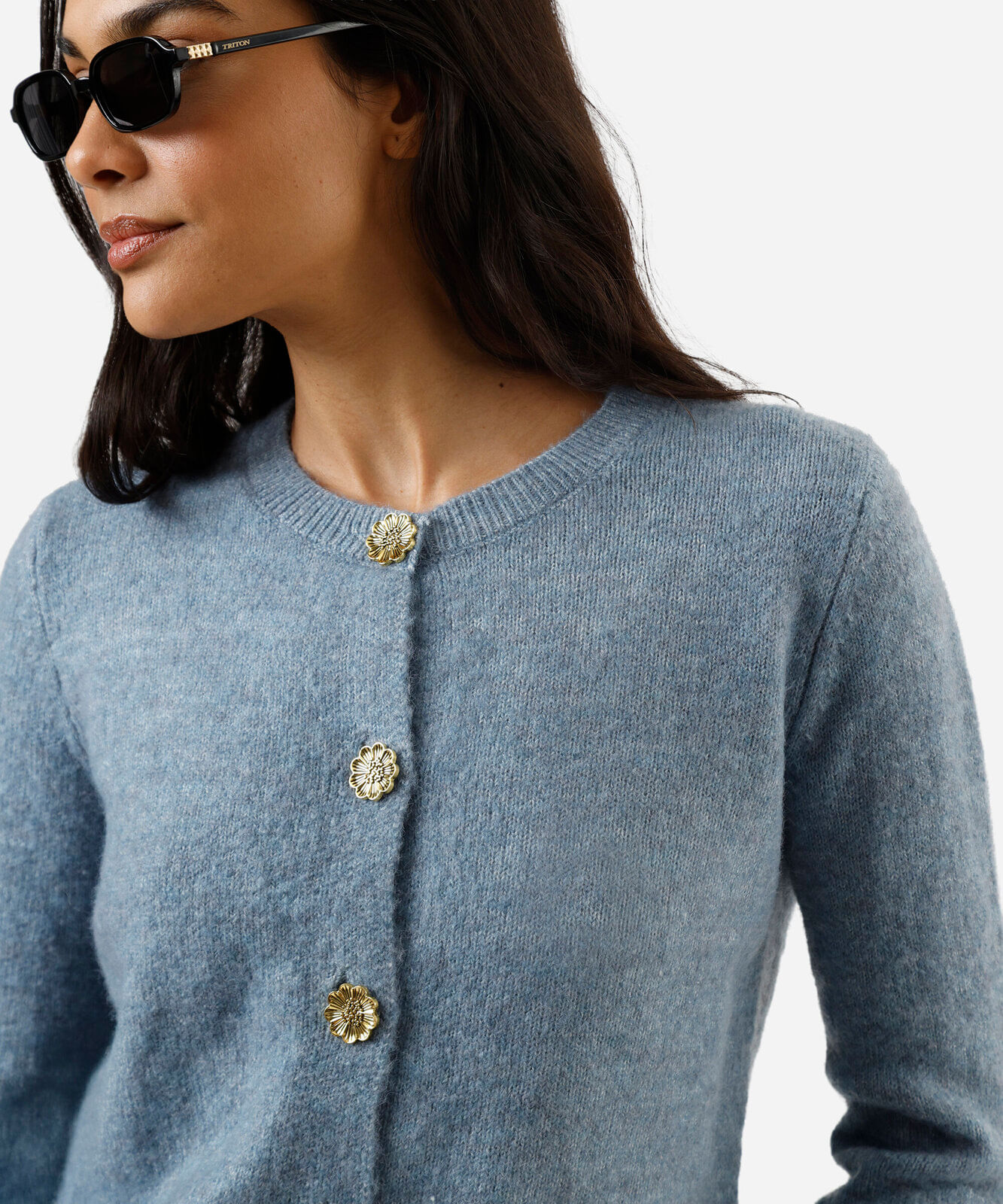 cardigan feminino de tricot decote redondo texturizado azul