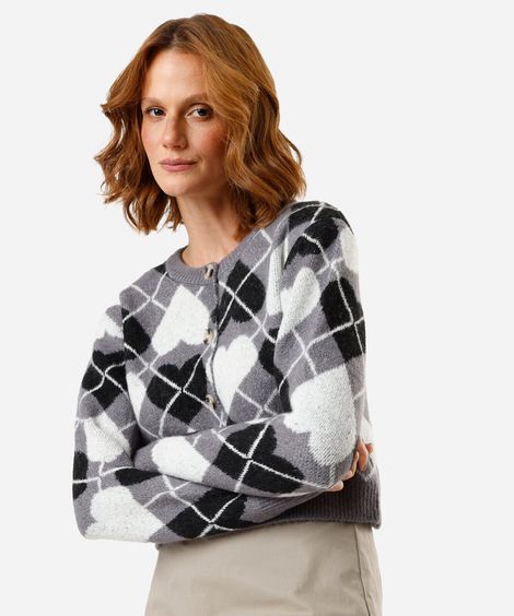 cardigan cropped feminino de tricot xadrez argyle corações cinza