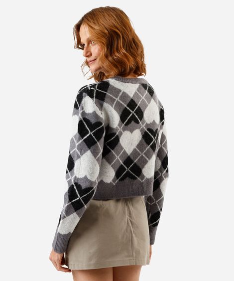 cardigan cropped feminino de tricot xadrez argyle corações cinza