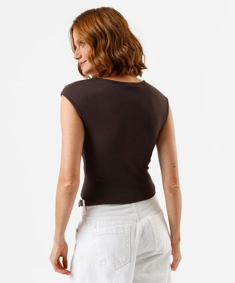 blusa feminina de algodão decote v manga curta canelada marrom