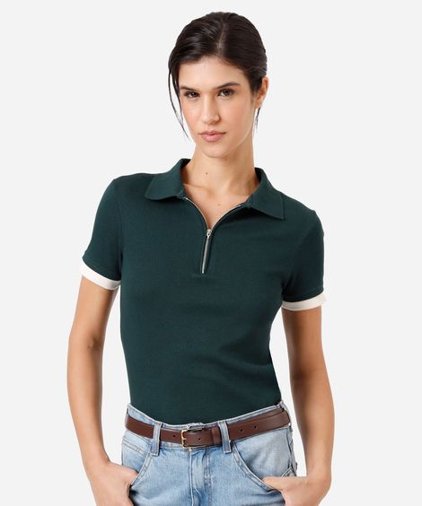 polo feminina de algodão com zíper manga curta canelada verde