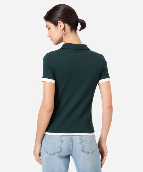 polo feminina de algodão com zíper manga curta canelada verde