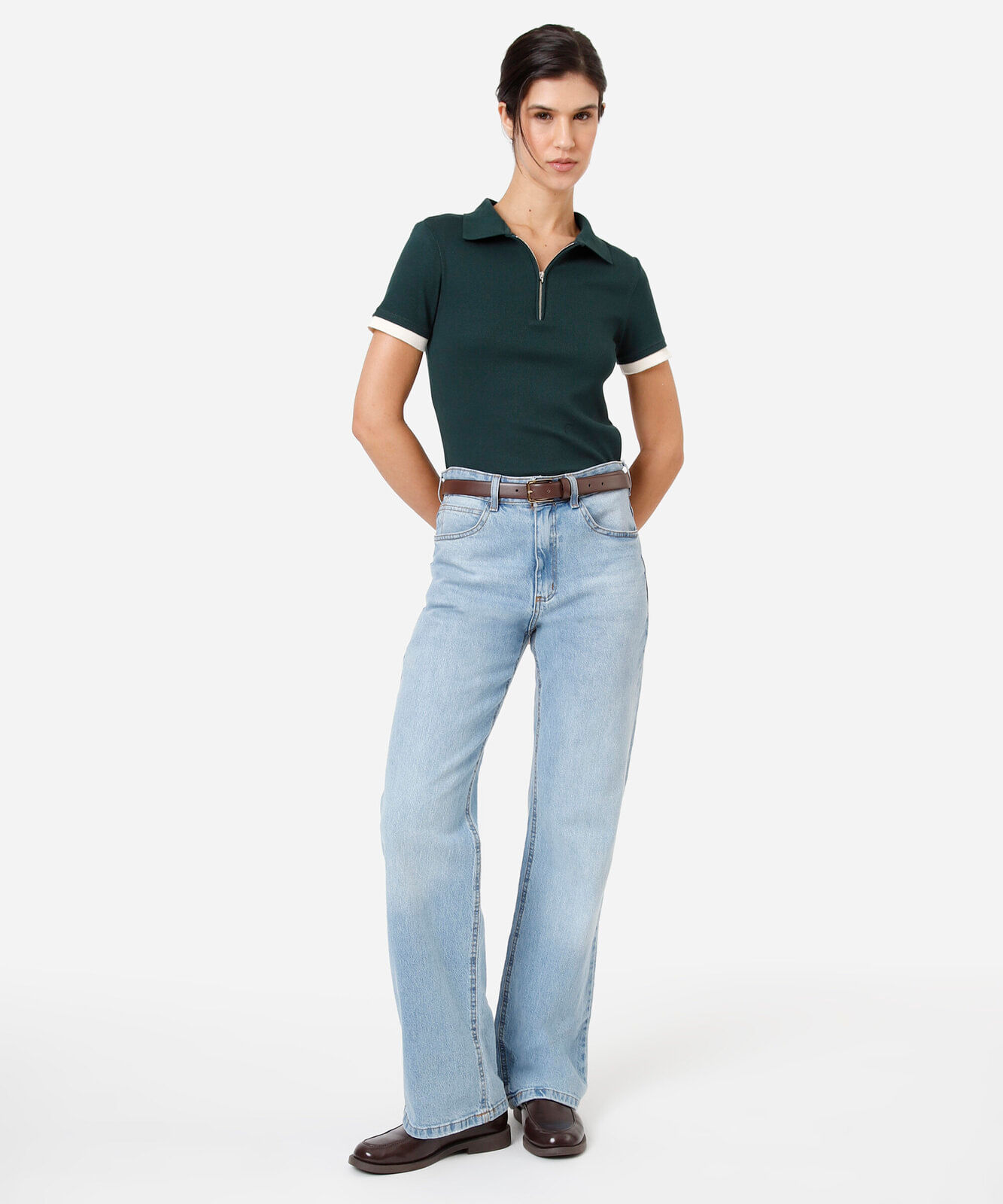 polo feminina de algodão com zíper manga curta canelada verde