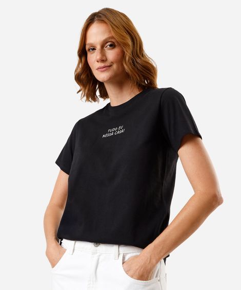 camiseta feminina de algodão manga curta estampada preta