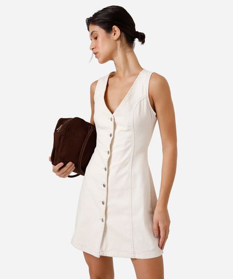 vestido curto feminino de sarja decote v bege