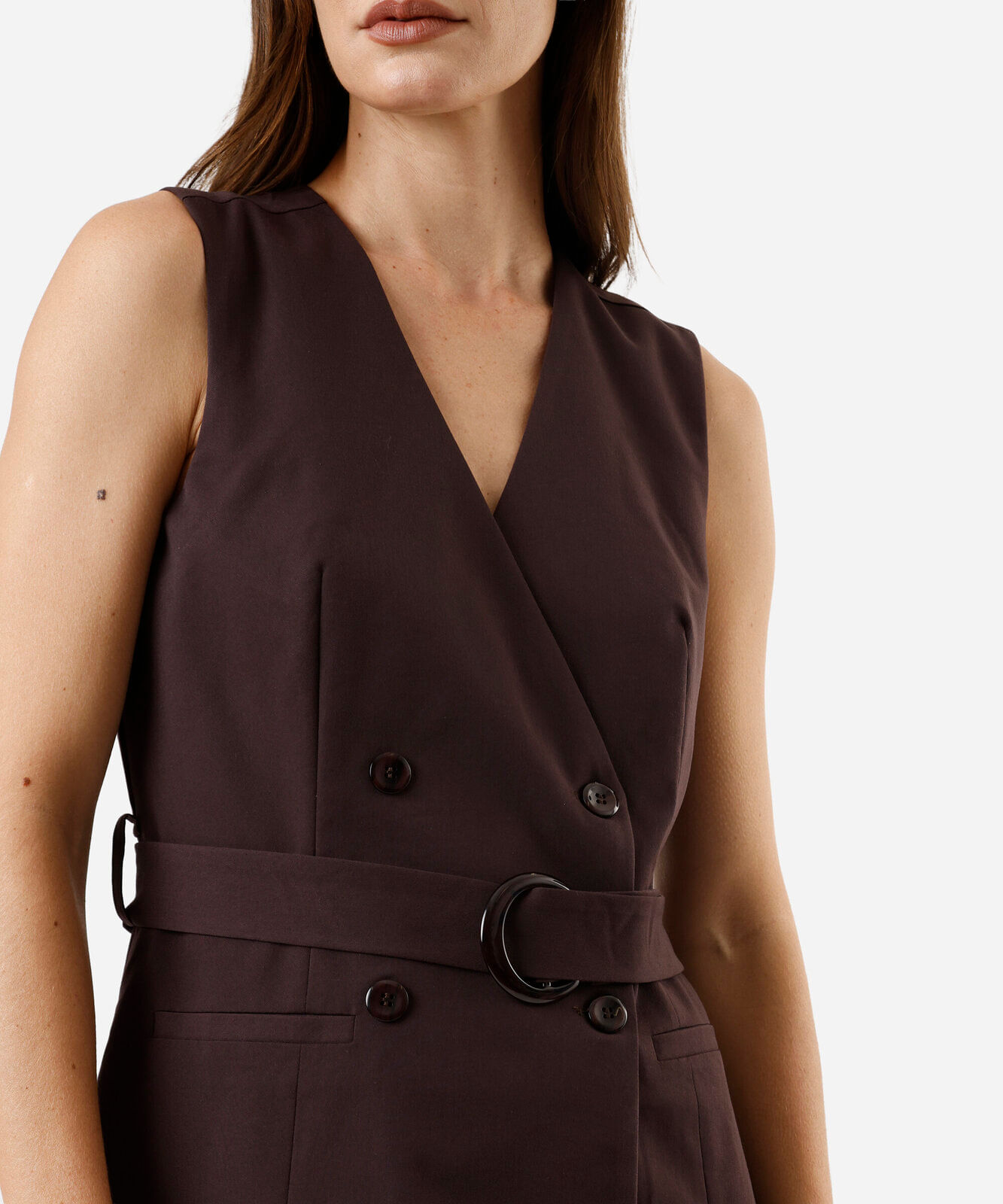 vestido midi feminino colete com cinto marrom