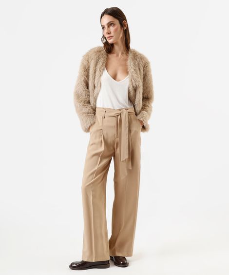 calça de alfaiataria wide leg feminina com viscose e faixa bege