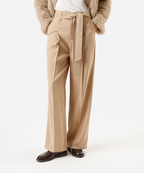 calça de alfaiataria wide leg feminina com viscose e faixa bege