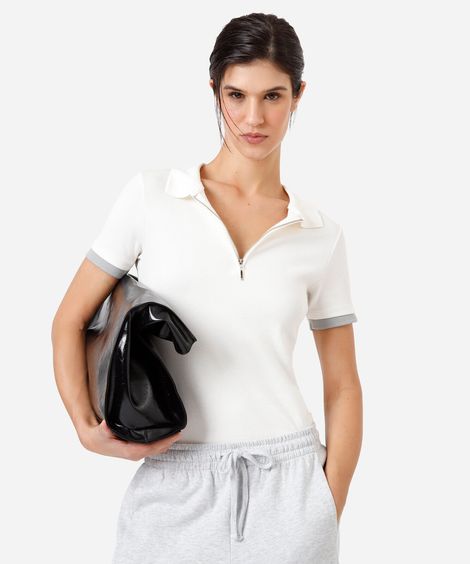 polo feminina de algodão com zíper manga curta canelada off white