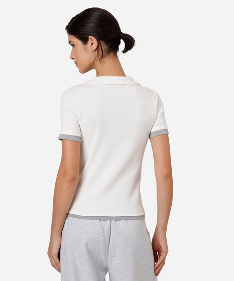 polo feminina de algodão com zíper manga curta canelada off white