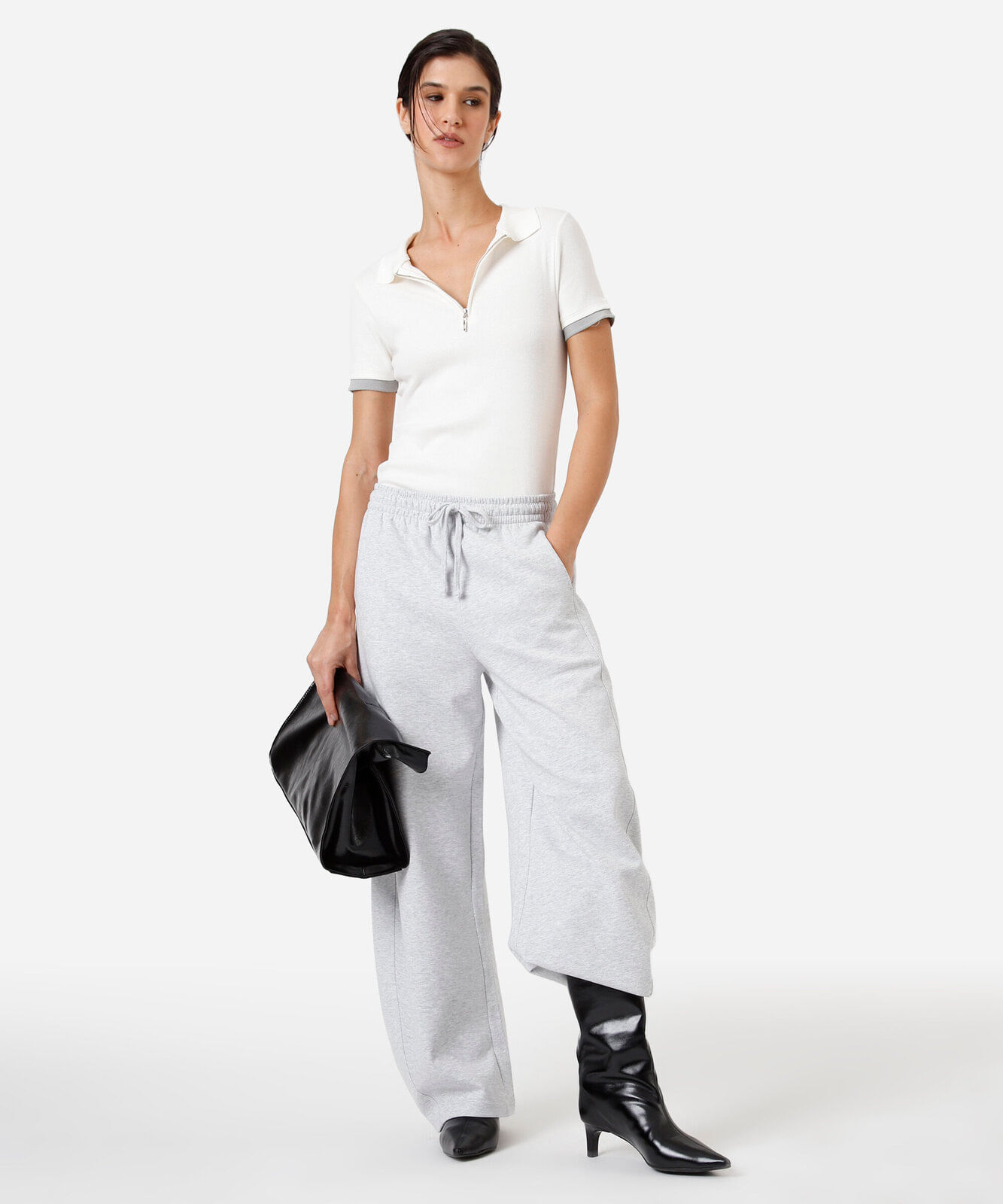 polo feminina de algodão com zíper manga curta canelada off white