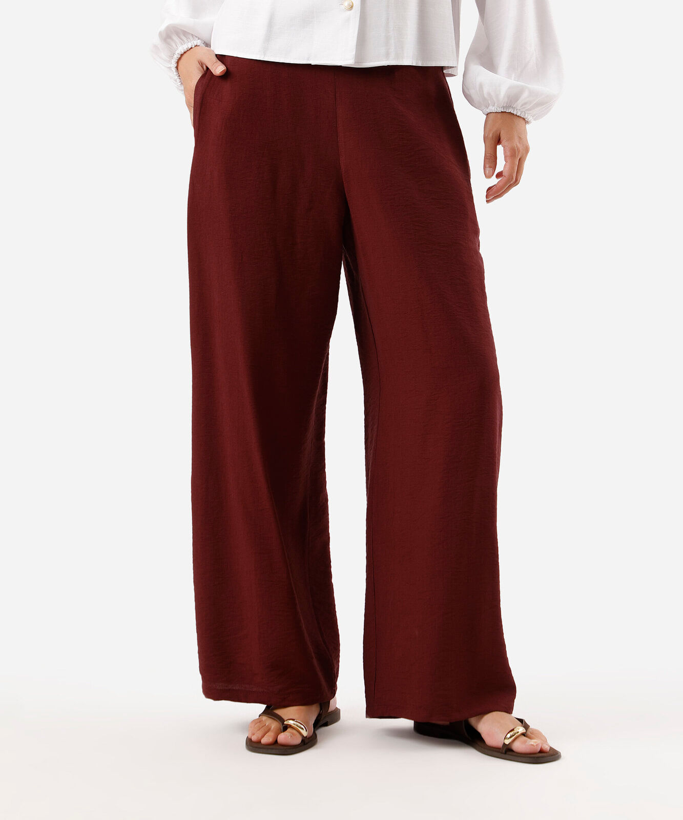 calça reta feminina com viscose cós elástico vinho