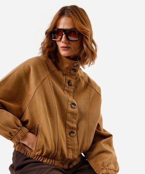 jaqueta bomber feminina de sarja gola funnel neck marrom