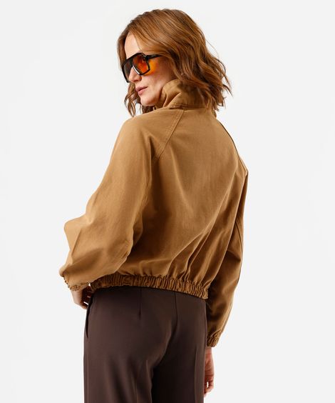 jaqueta bomber feminina de sarja gola funnel neck marrom