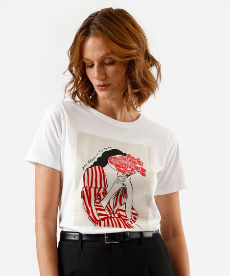 camiseta feminina de algodão manga curta estampada off white
