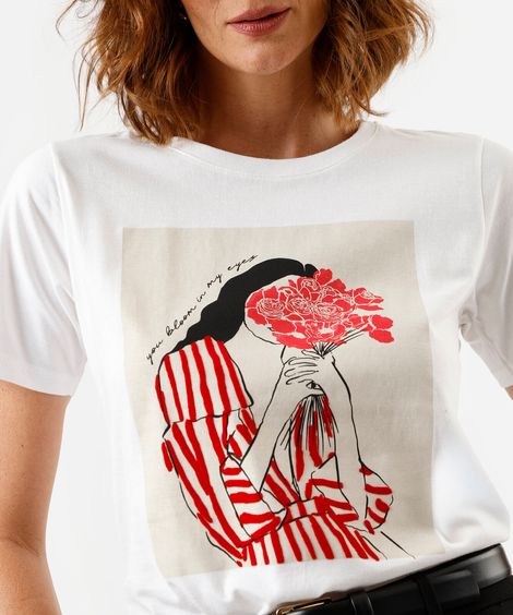 camiseta feminina de algodão manga curta estampada off white