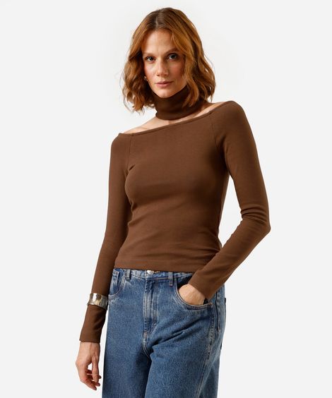 blusa feminina de algodão gola alta manga longa com recorte marrom