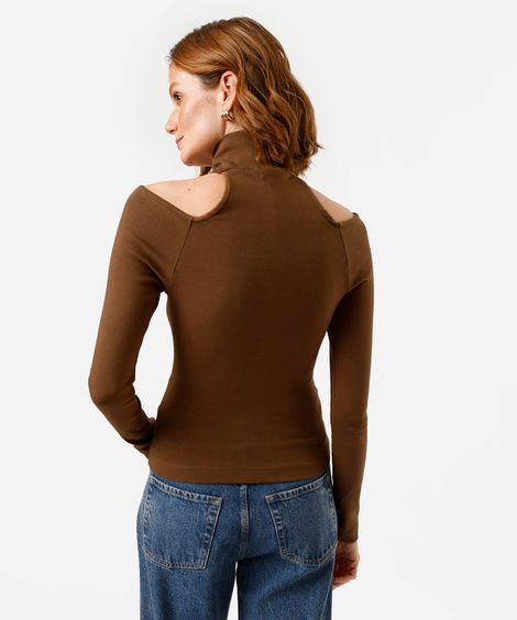 blusa feminina de algodão gola alta manga longa com recorte marrom