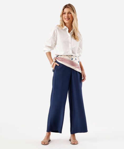 calça reta feminina com viscose cós elástico azul