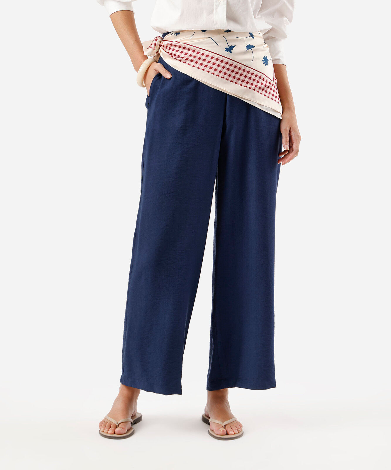 calça reta feminina com viscose cós elástico azul