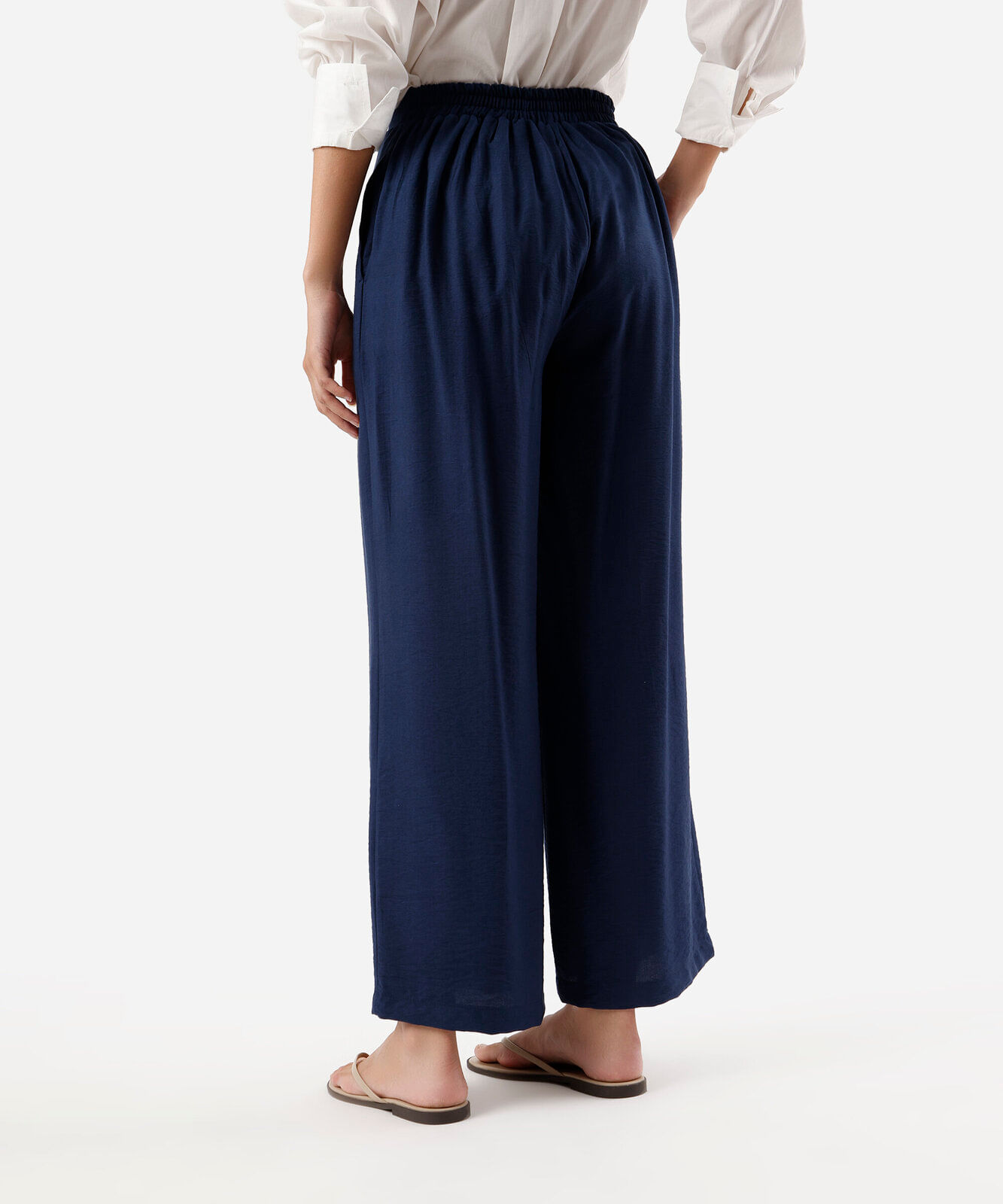 calça reta feminina com viscose cós elástico azul