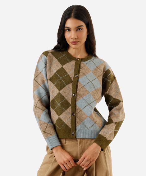 cardigan feminino de tricot xadrez argyle colorido