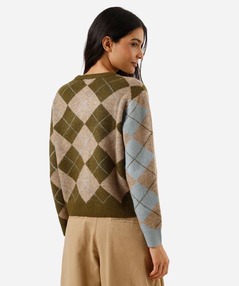 cardigan feminino de tricot xadrez argyle colorido