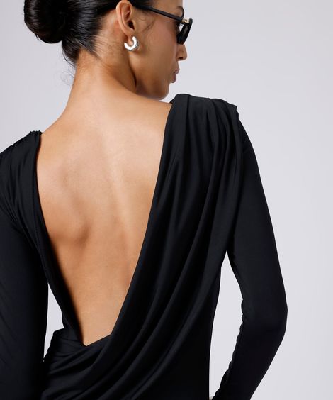 vestido longo feminino decote costas com ombreiras mindset preto