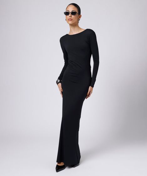 vestido longo feminino decote costas com ombreiras mindset preto