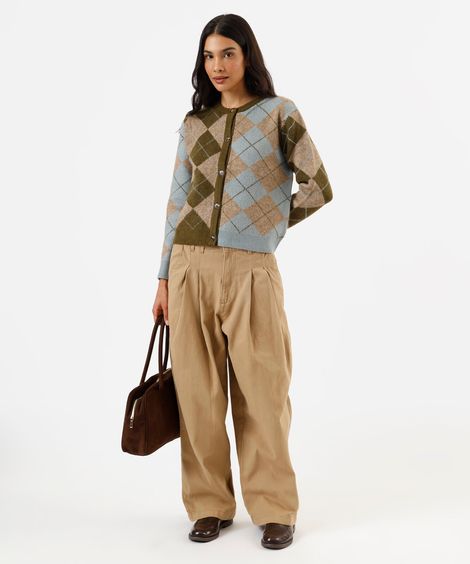 calça balloon feminina de sarja com pregas cintura alta bege