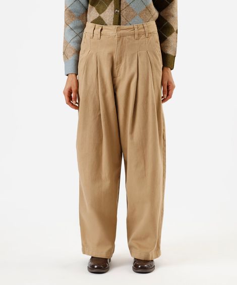 calça balloon feminina de sarja com pregas cintura alta bege