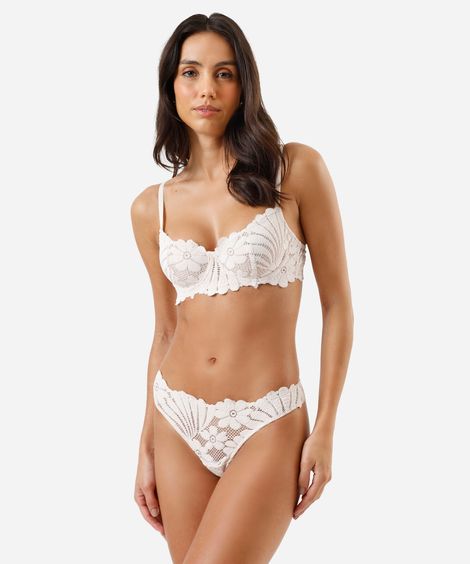 calcinha fio dental feminina de renda floral off white