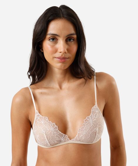 sutiã triângulo feminino de renda floral bege