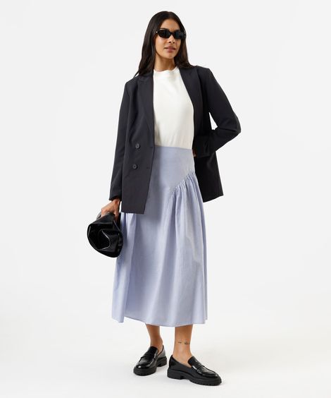 saia midi feminina com recortes e franzidos listrada azul