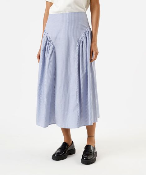 saia midi feminina com recortes e franzidos listrada azul