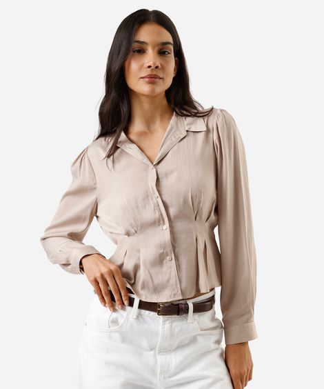 camisa feminina manga longa com pregas acetinada bege