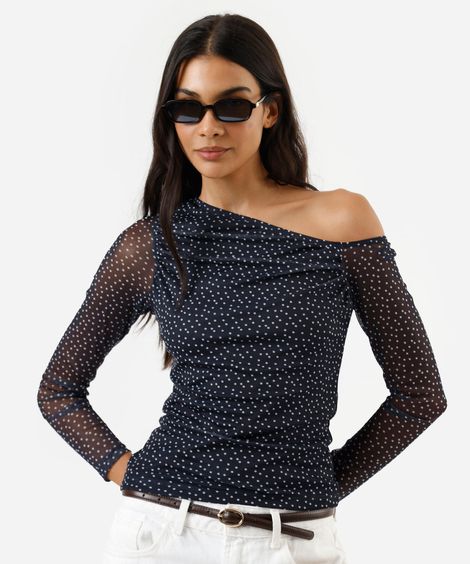 blusa feminina de tule decote assimétrico manga longa poá azul