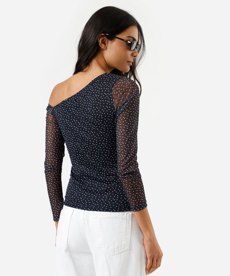 blusa feminina de tule decote assimétrico manga longa poá azul