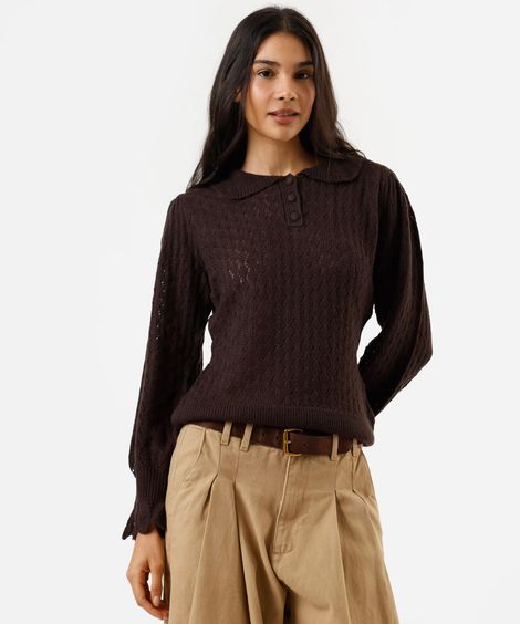 suéter feminino de tricot com gola marrom