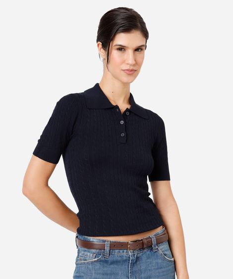 polo feminina de tricot manga curta texturizada azul