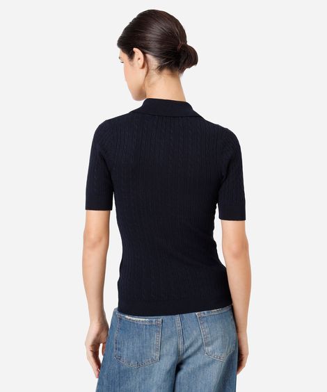 polo feminina de tricot manga curta texturizada azul