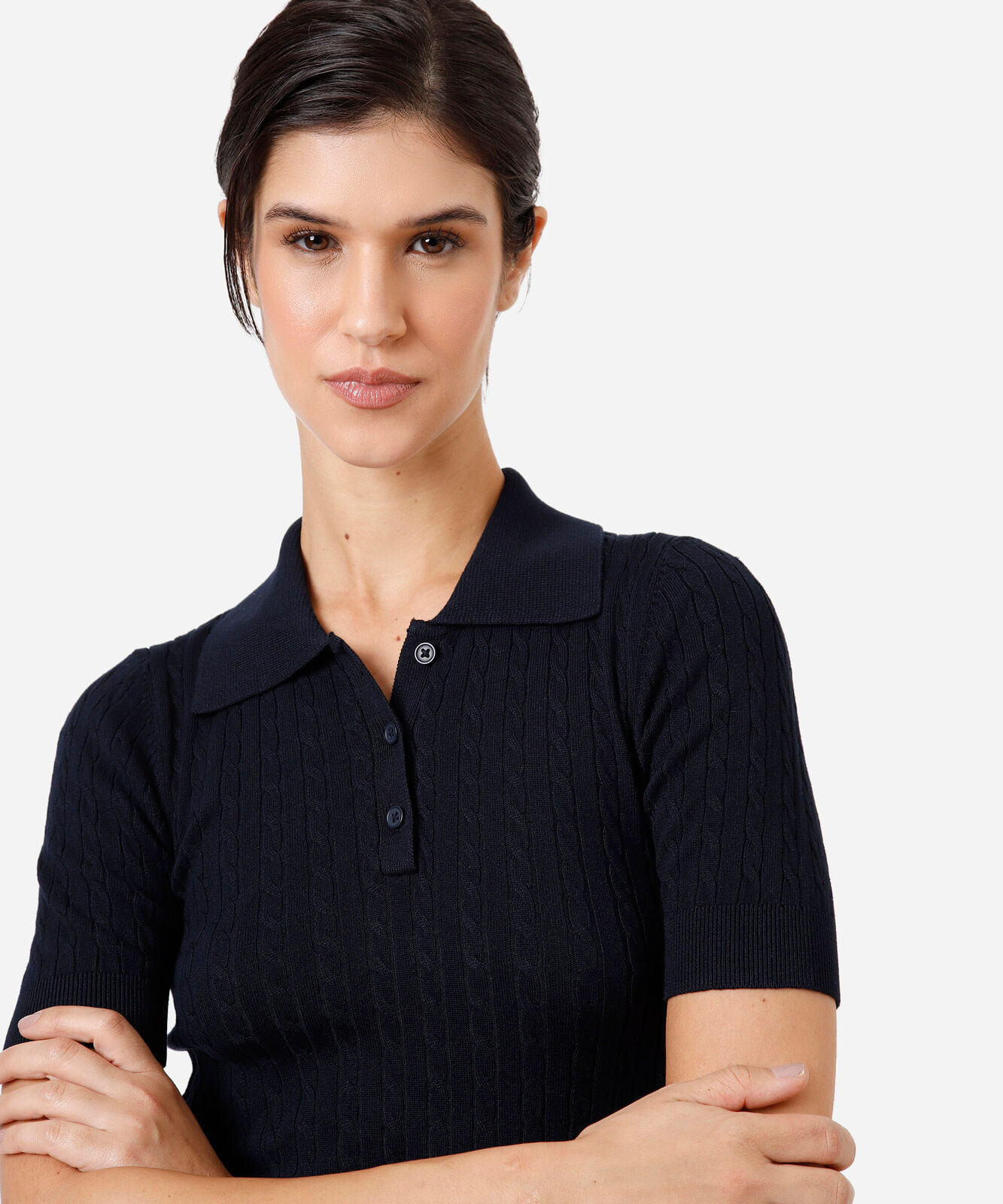 polo feminina de tricot manga curta texturizada azul