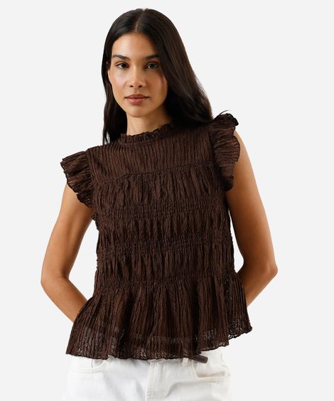 regata feminina com babados texturizada marrom