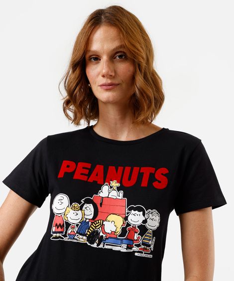 camiseta feminina de algodão manga curta snoopy preta
