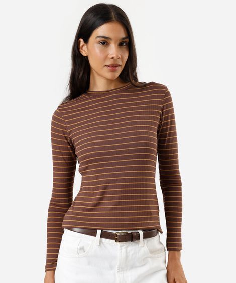 blusa feminina com viscose manga longa canelada listrada marrom
