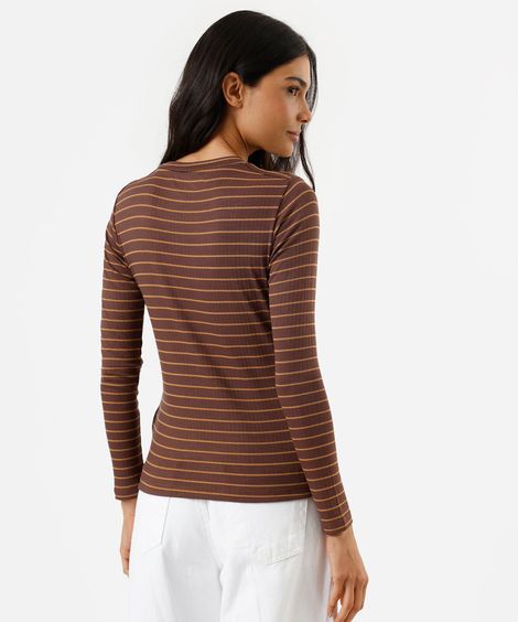 blusa feminina com viscose manga longa canelada listrada marrom